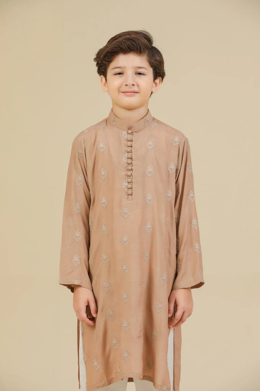 Mehrab - Sandstone Raw Silk Embroidered Kurta Trouser - Kids