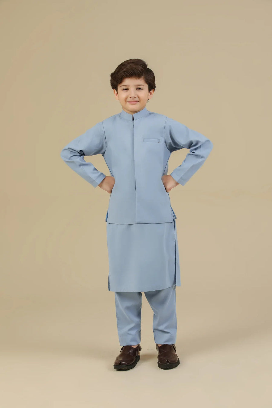 Sapphire Blue Kurta Trouser with Blended Waistcoat - Kids