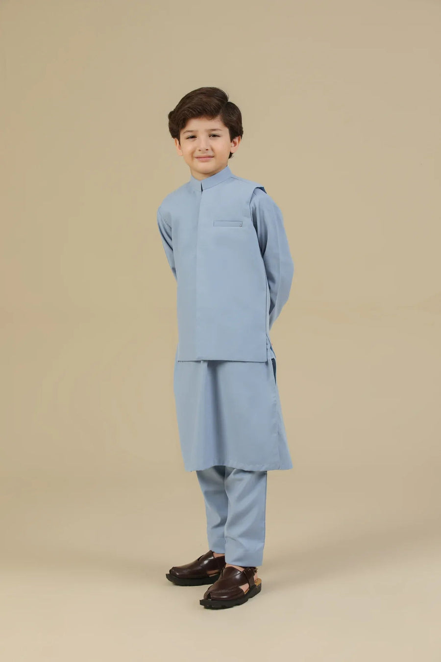 Sapphire Blue Kurta Trouser with Blended Waistcoat - Kids