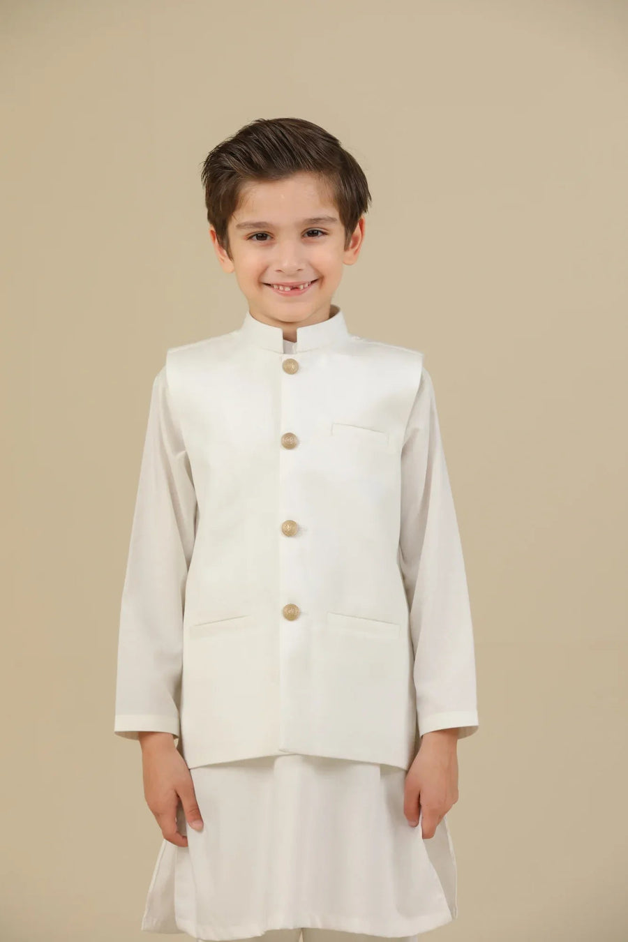 Off White Suiting Waistcoat - Straight Cut Buttoned  - Kids