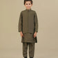 Olive Green Kurta Trouser with Blended Waistcoat - Kids