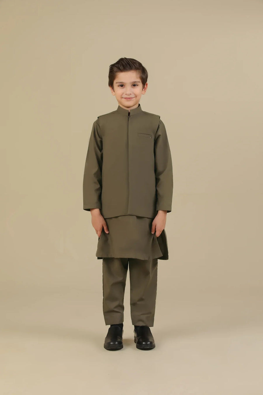 Olive Green Kurta Trouser with Blended Waistcoat - Kids