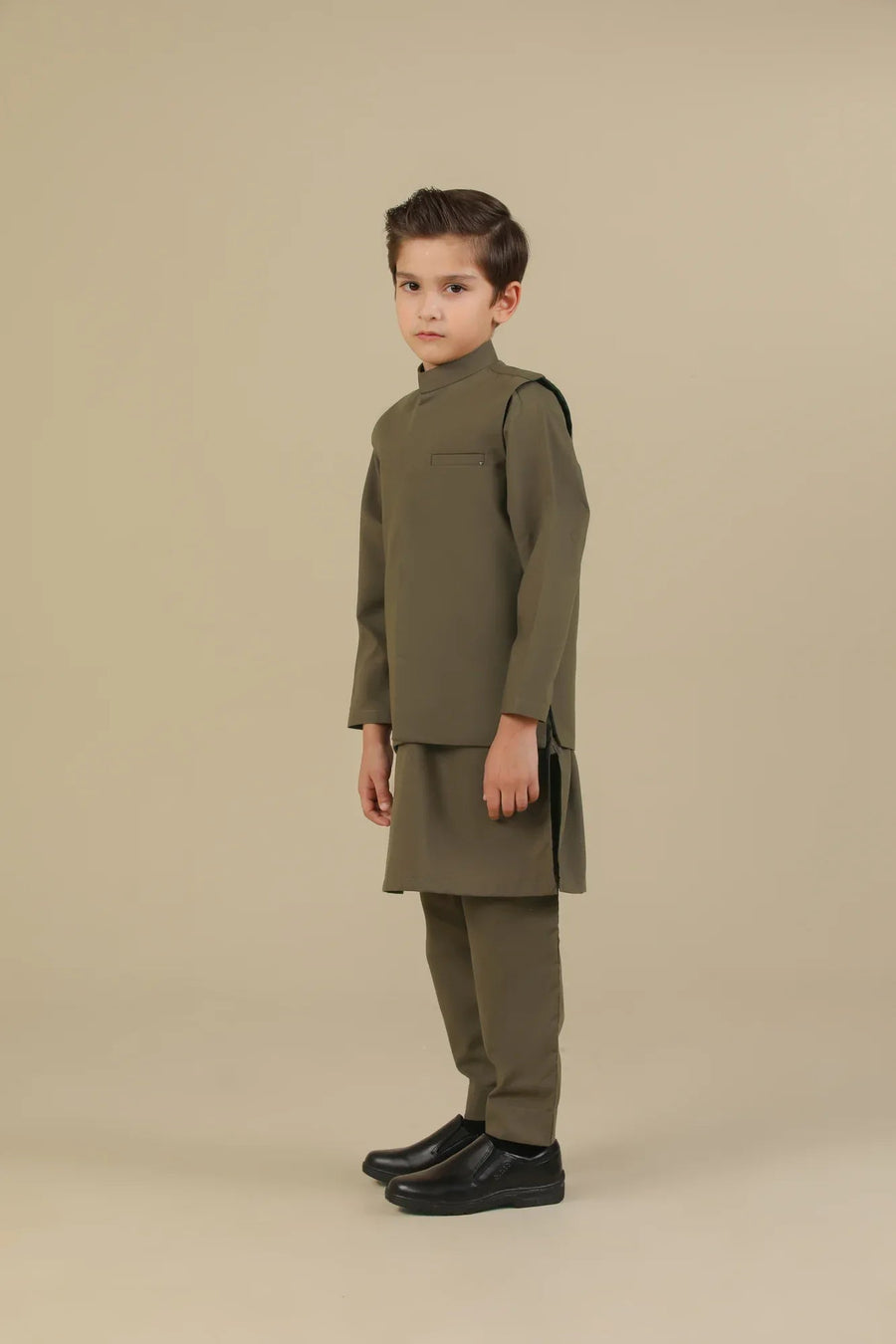 Olive Green Kurta Trouser with Blended Waistcoat - Kids