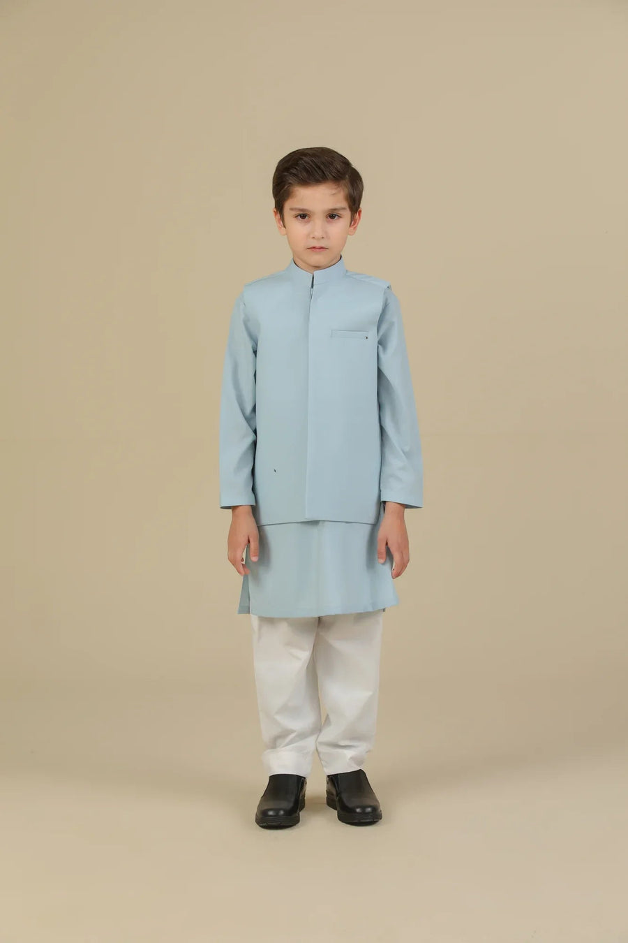 Sky Blue Kurta Trouser with Blended Waistcoat - Kids