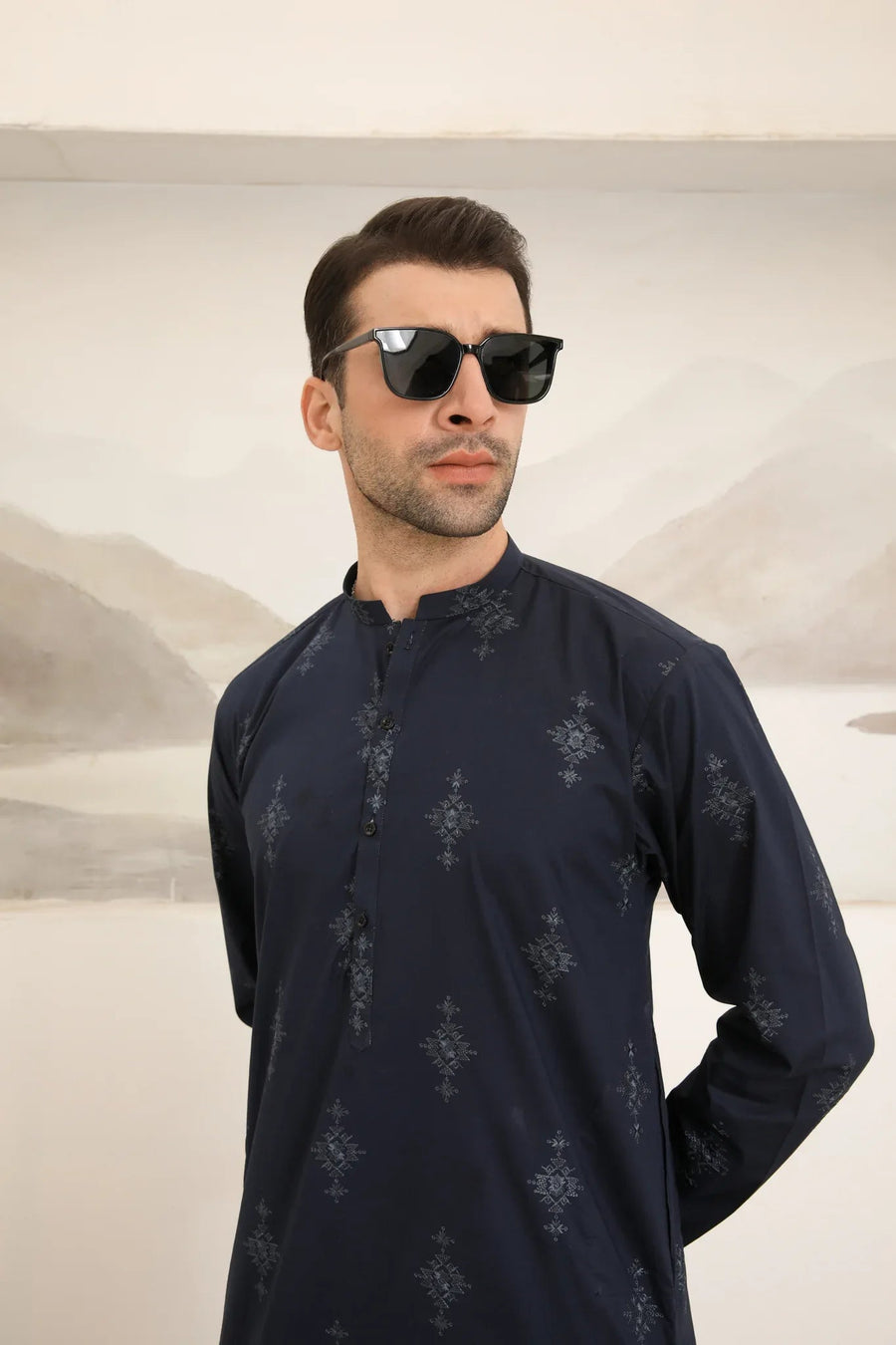 Navy Blue Cotton Embroidered Kurta Trouser - Men