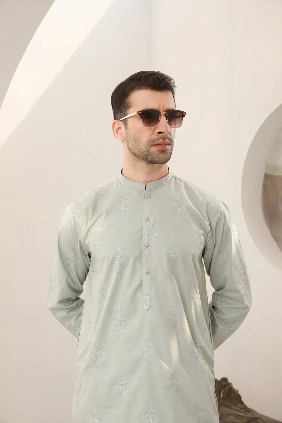 Light Mint Cotton Embroidered Kurta Trouser - Men