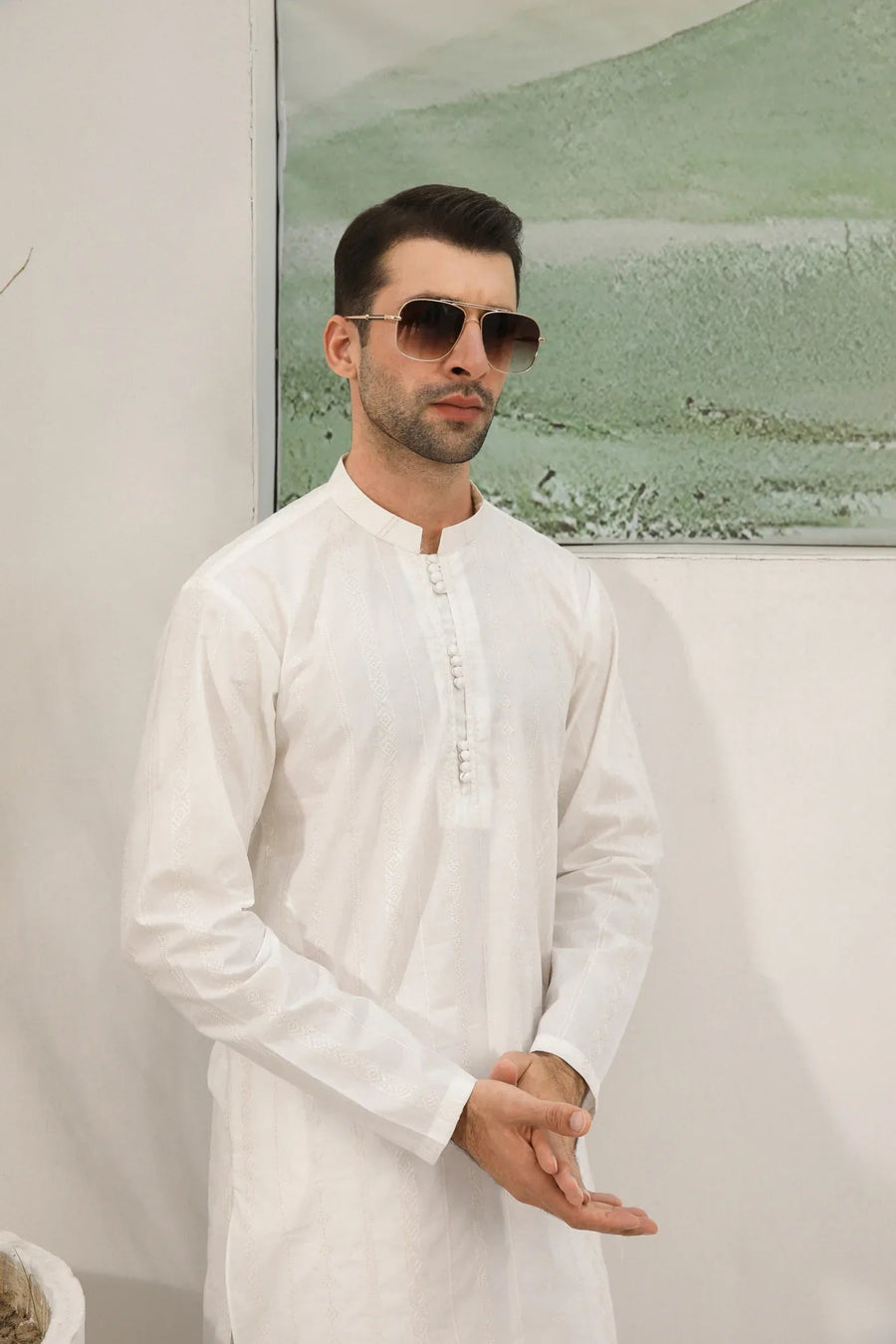 Off White Cotton Embroidered Kurta Trouser - Loop Buttons - Men
