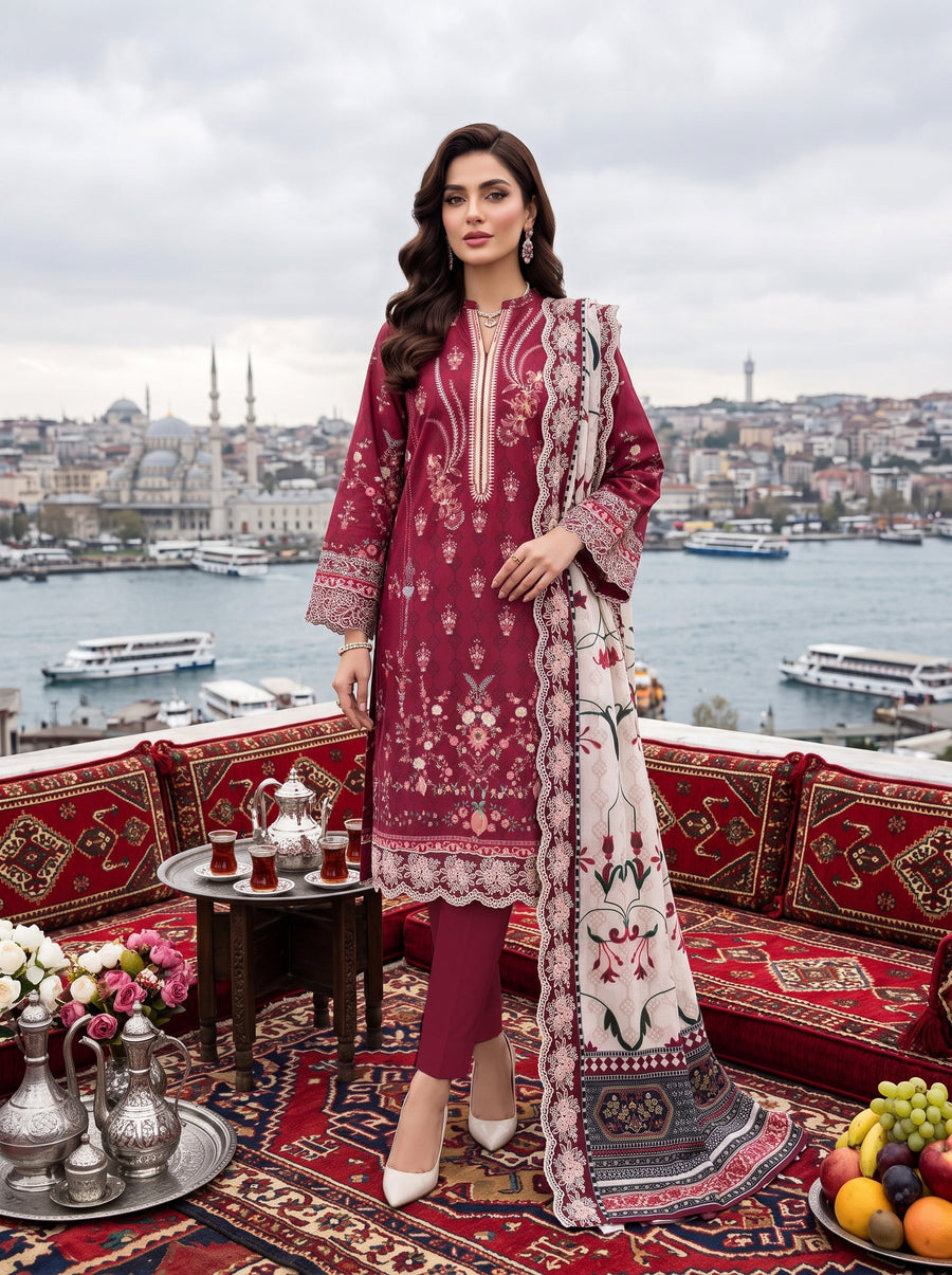 03 Piece Unstitched Printed Embroidered Lawn