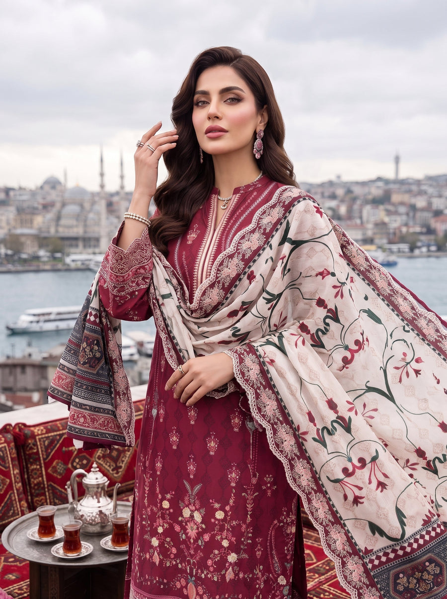 03 Piece Unstitched Printed Embroidered Lawn