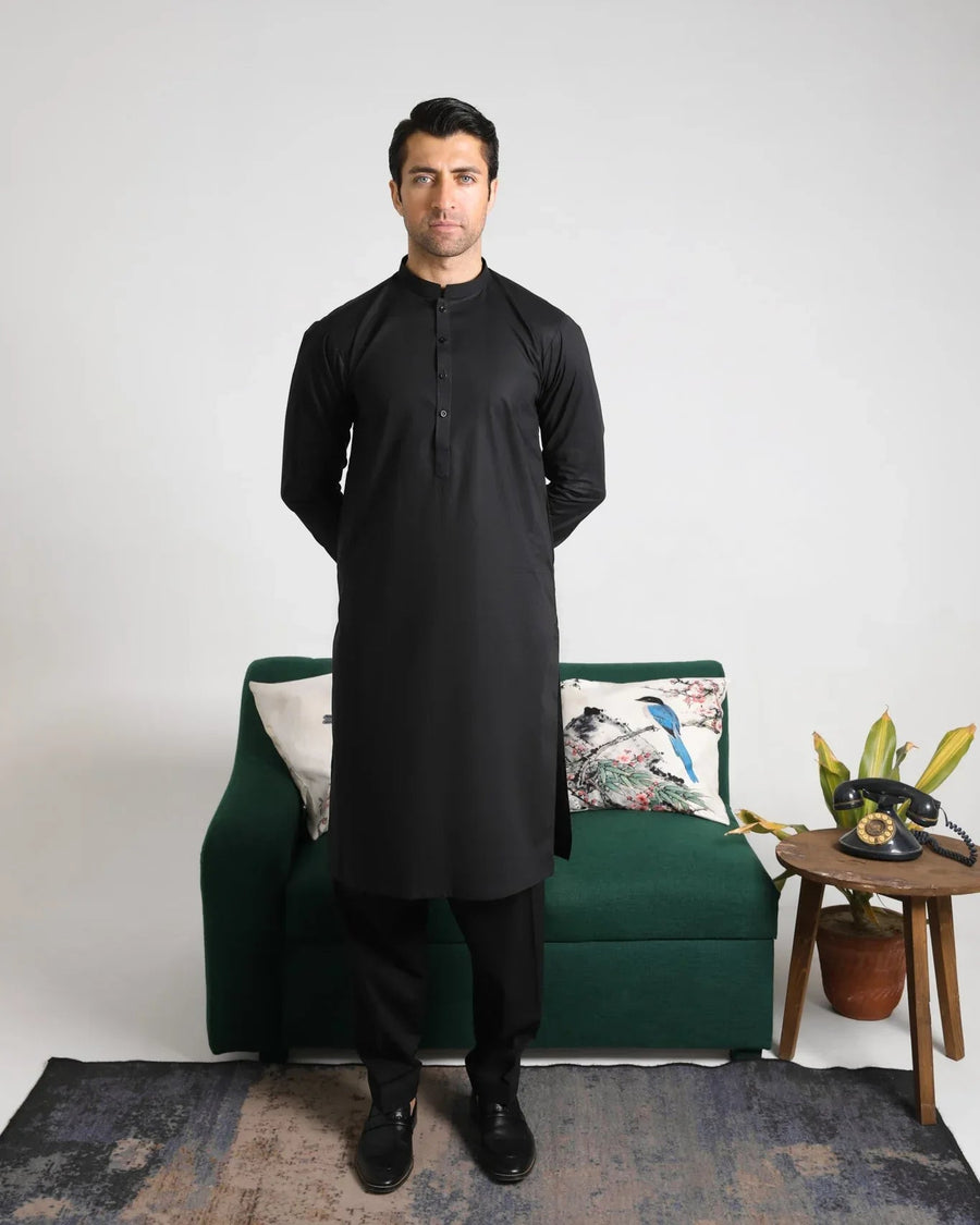 Black Soft Cotton Kurta Shalwar - Men