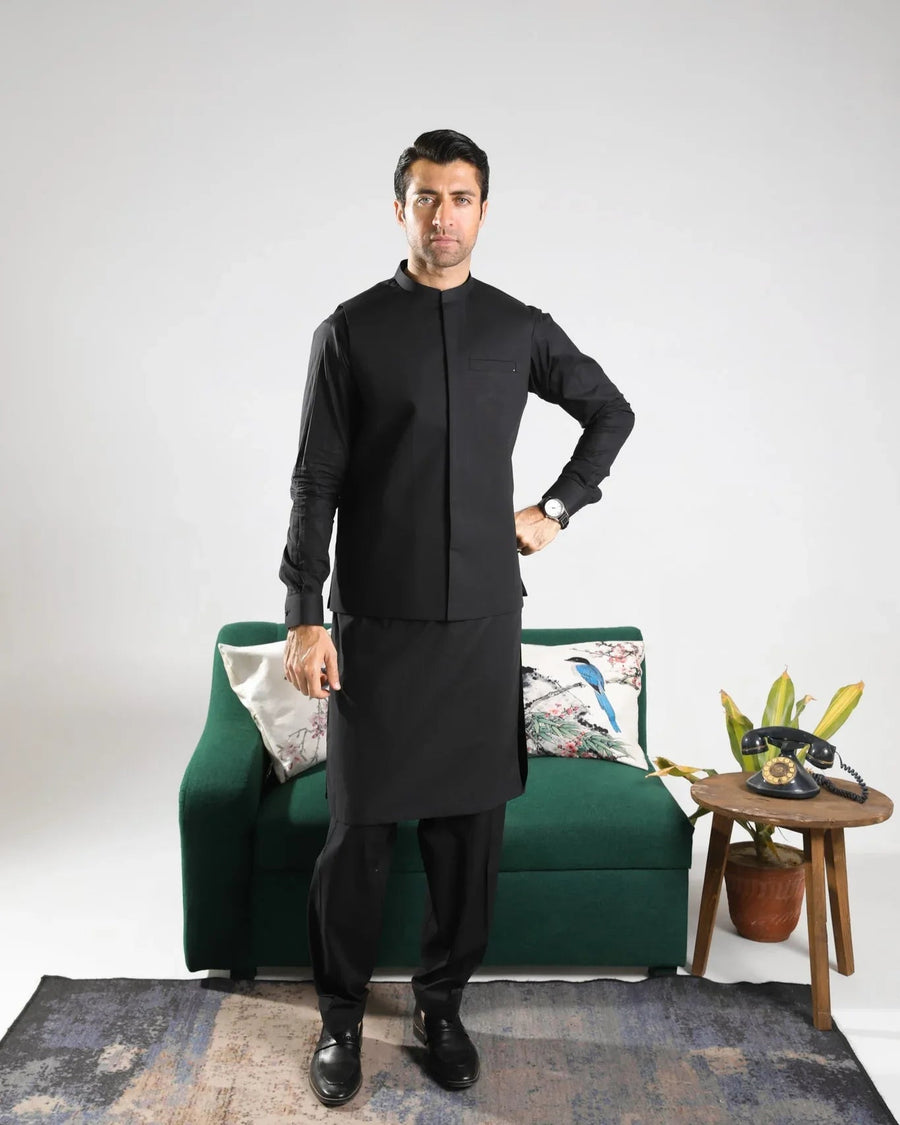 Black Soft Cotton Kurta Shalwar with Waistcoat - Men