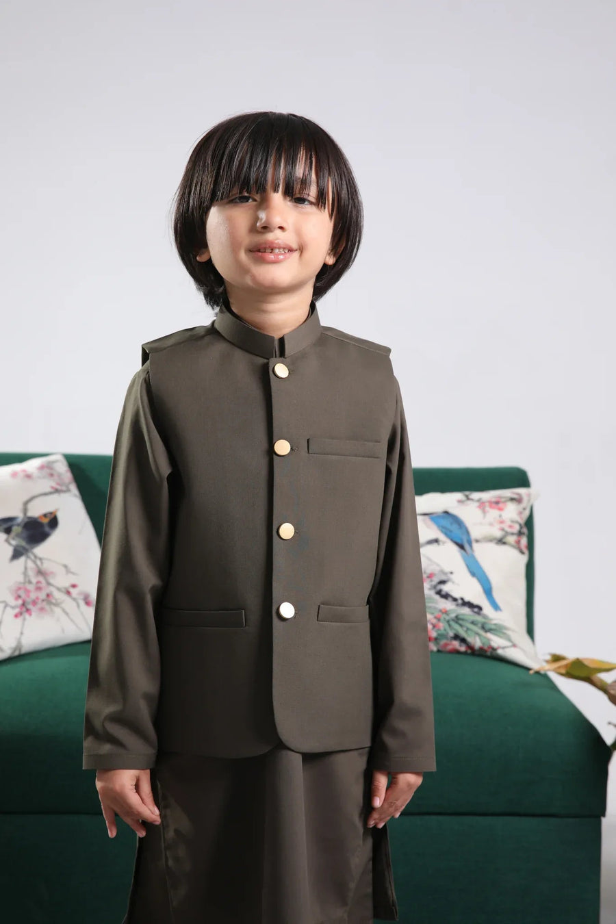 Olive Green Kurta Trouser with Blended Waistcoat - Round Cut Buttoned - Kids