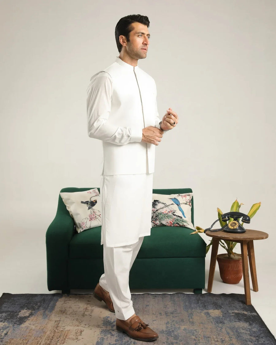 Off White Soft Cotton Kurta Shalwar with Waistcoat - Men