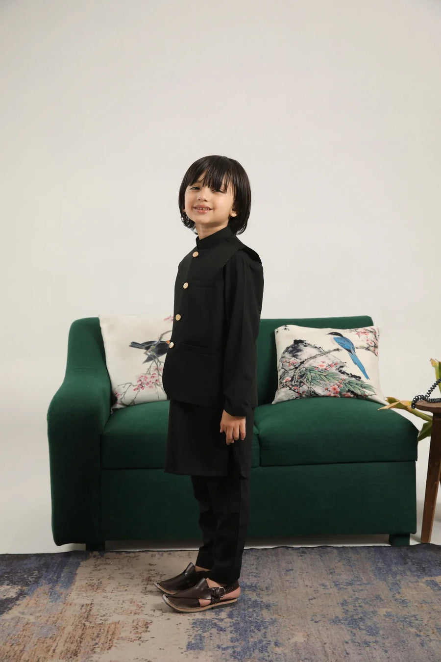 Black Kurta Trouser with Blended Waistcoat - Round Cut Buttoned - Kids