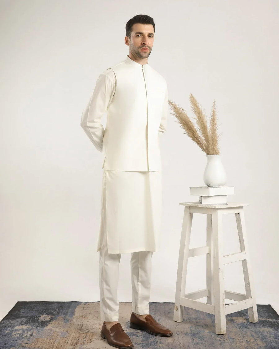 Bosky White Soft Cotton Kurta Trouser with Waistcoat - Men