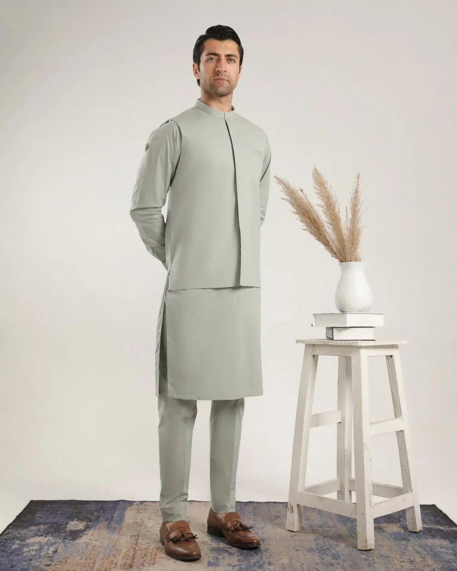 Light Mint Soft Cotton Kurta Trouser with Waistcoat - Men