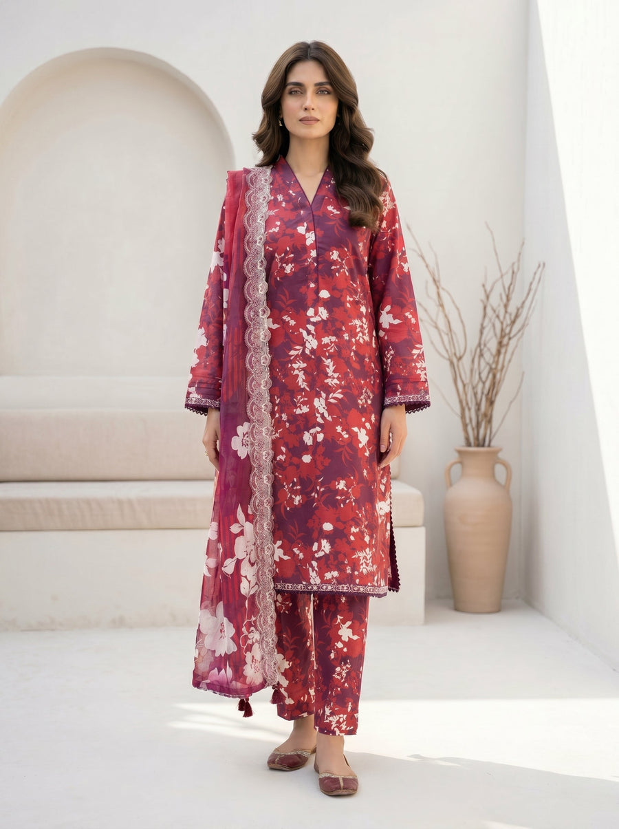 03 Piece Unstitched Printed with Embroidered Lawn Cutwork Dupatta