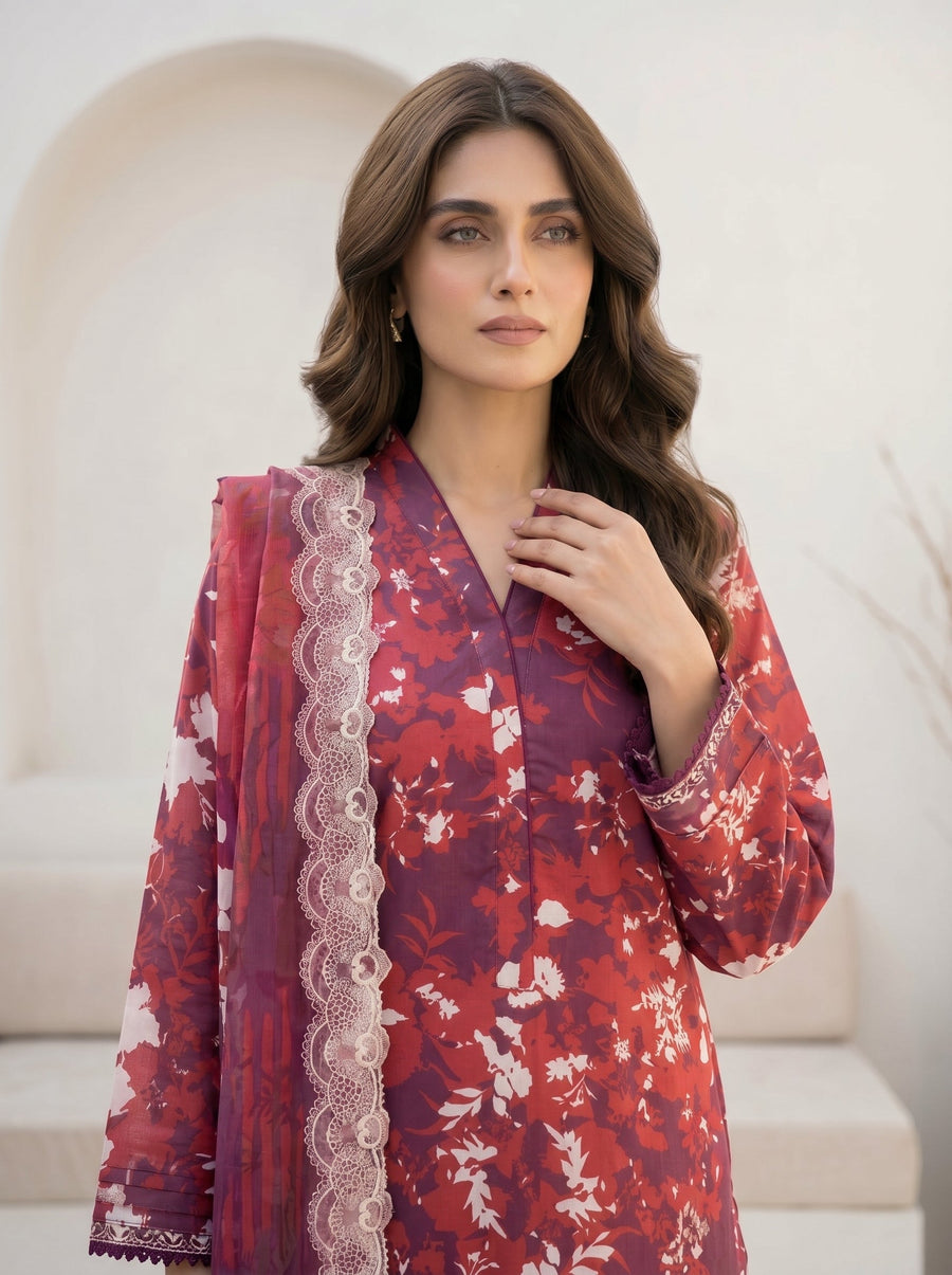 03 Piece Unstitched Printed with Embroidered Lawn Cutwork Dupatta