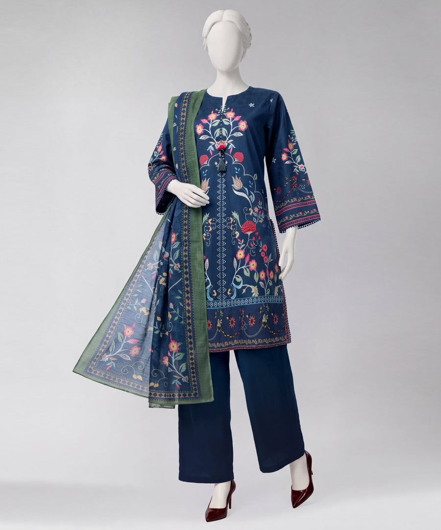 Blue Printed Dobby Unstitched 2Pc