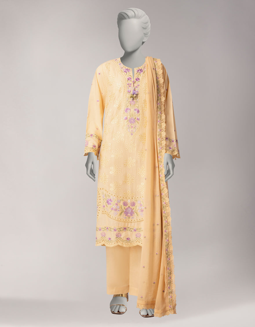 Cream Lawn Embroidered Stitched 3Pc