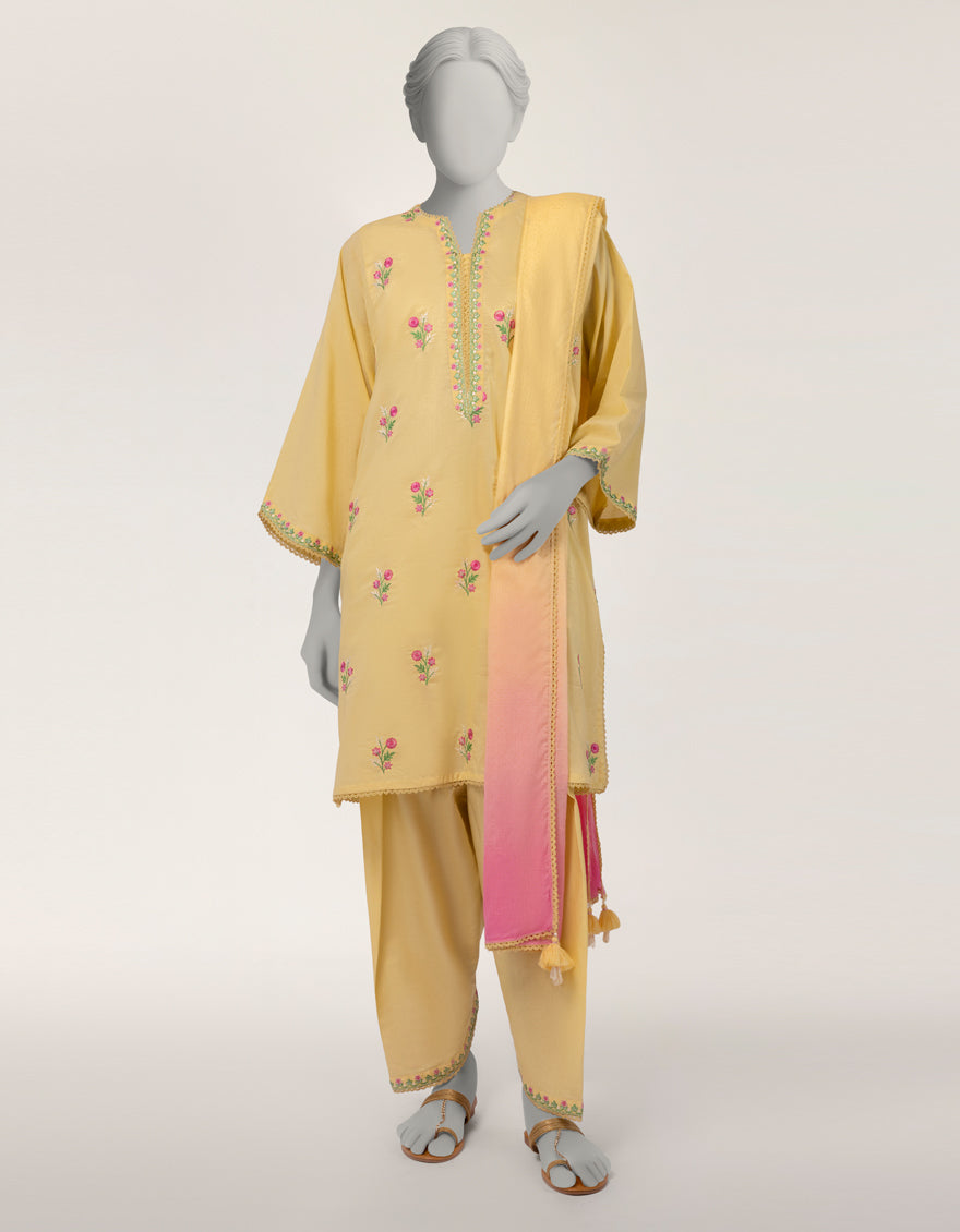 Yellow Lawn Embroidered 3Pc Stitched