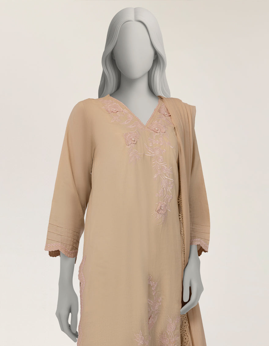 Beige Dobby Embroidered 3Pc Stitched