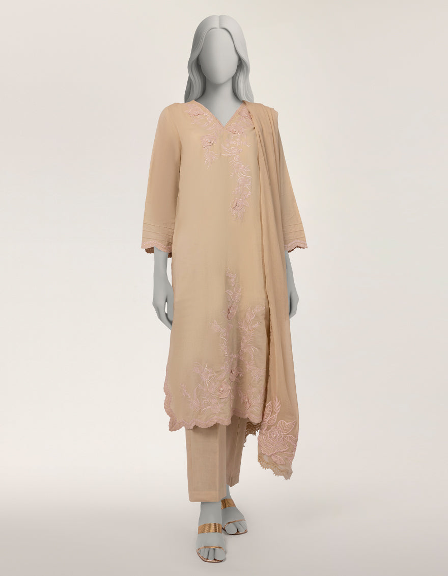 Beige Dobby Embroidered 3Pc Stitched