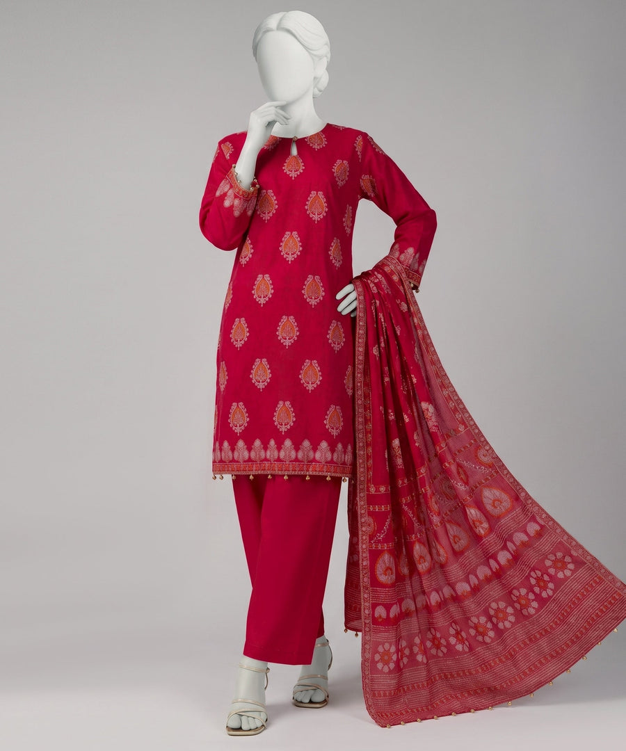 Red Yarn Dyed Jacquard Unstitched 3Pc