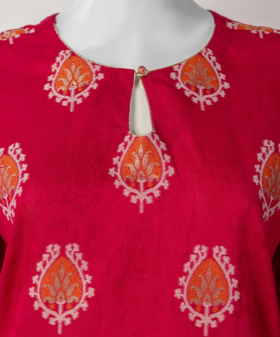 Red Yarn Dyed Jacquard Unstitched 3Pc