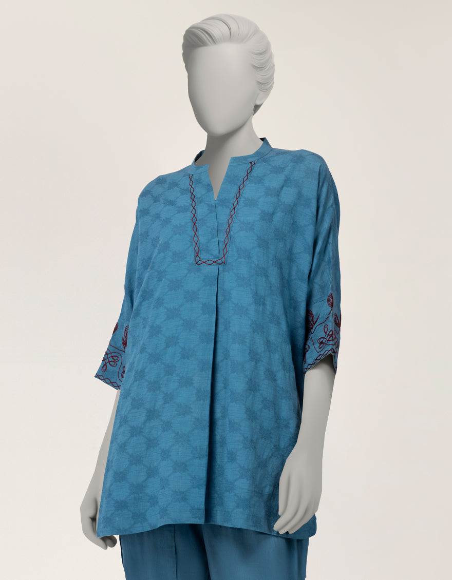 Blue Dobby Embroidered Co-Ord Set