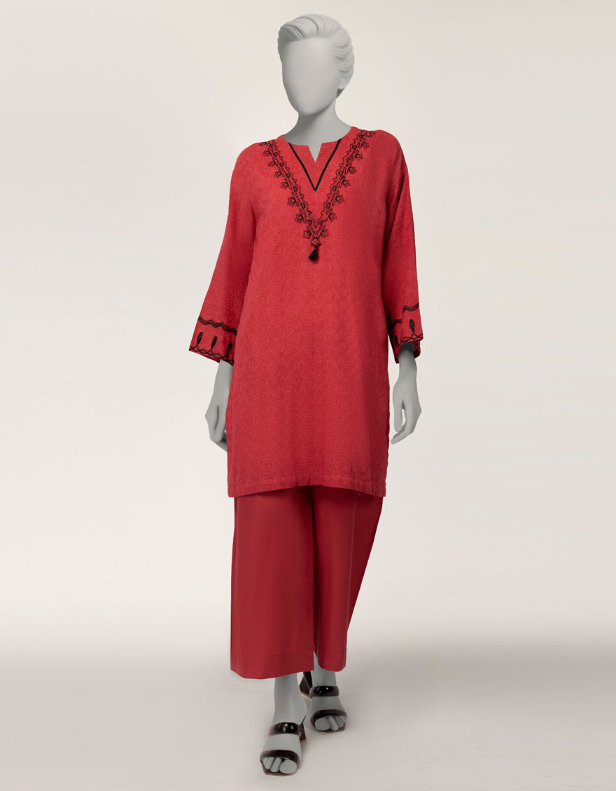 Red Dobby Embroidered Co-Ord Set