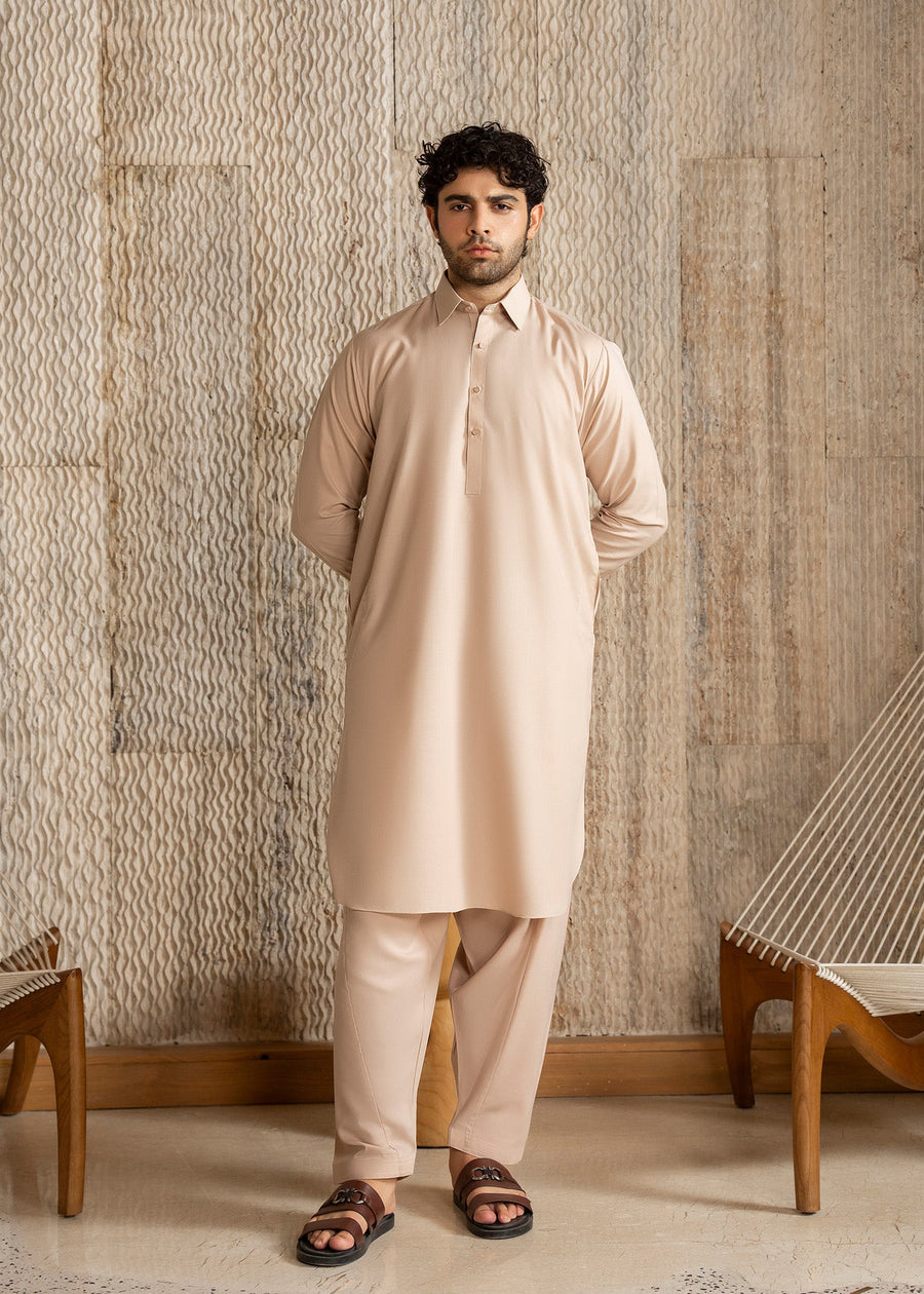 Light Almond French Collar Kameez Shalwar - Men