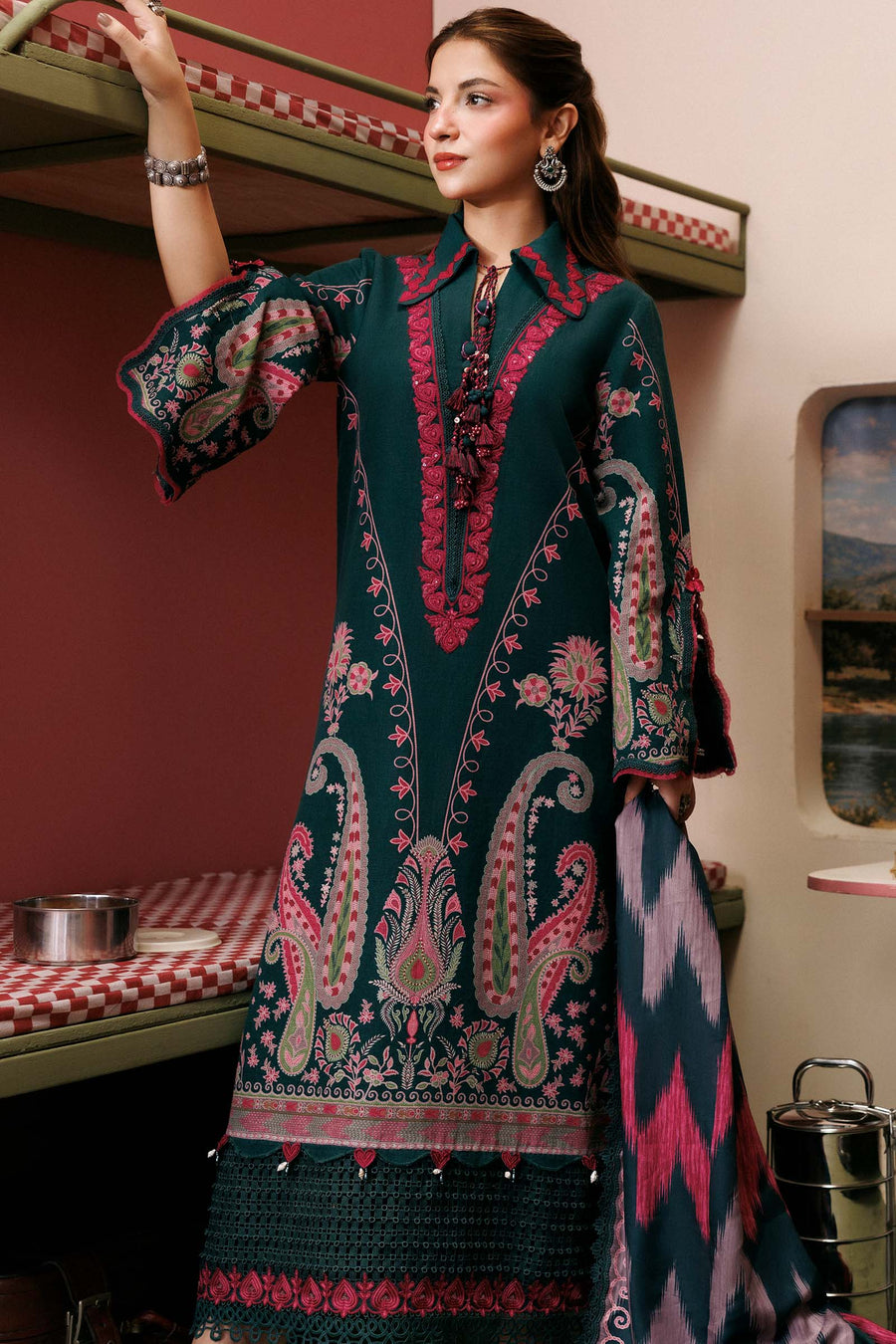 3 Pc Unstitched Embroidered Slub Khaddar Suit