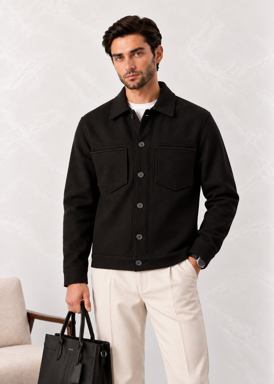 Black Wool Blend Boxy Jacket