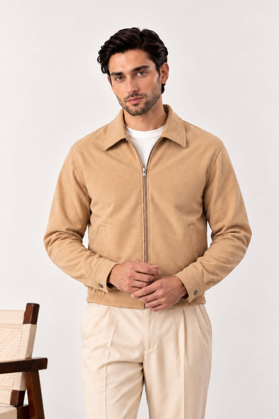 Camel Beige Suede Blouson Jacket
