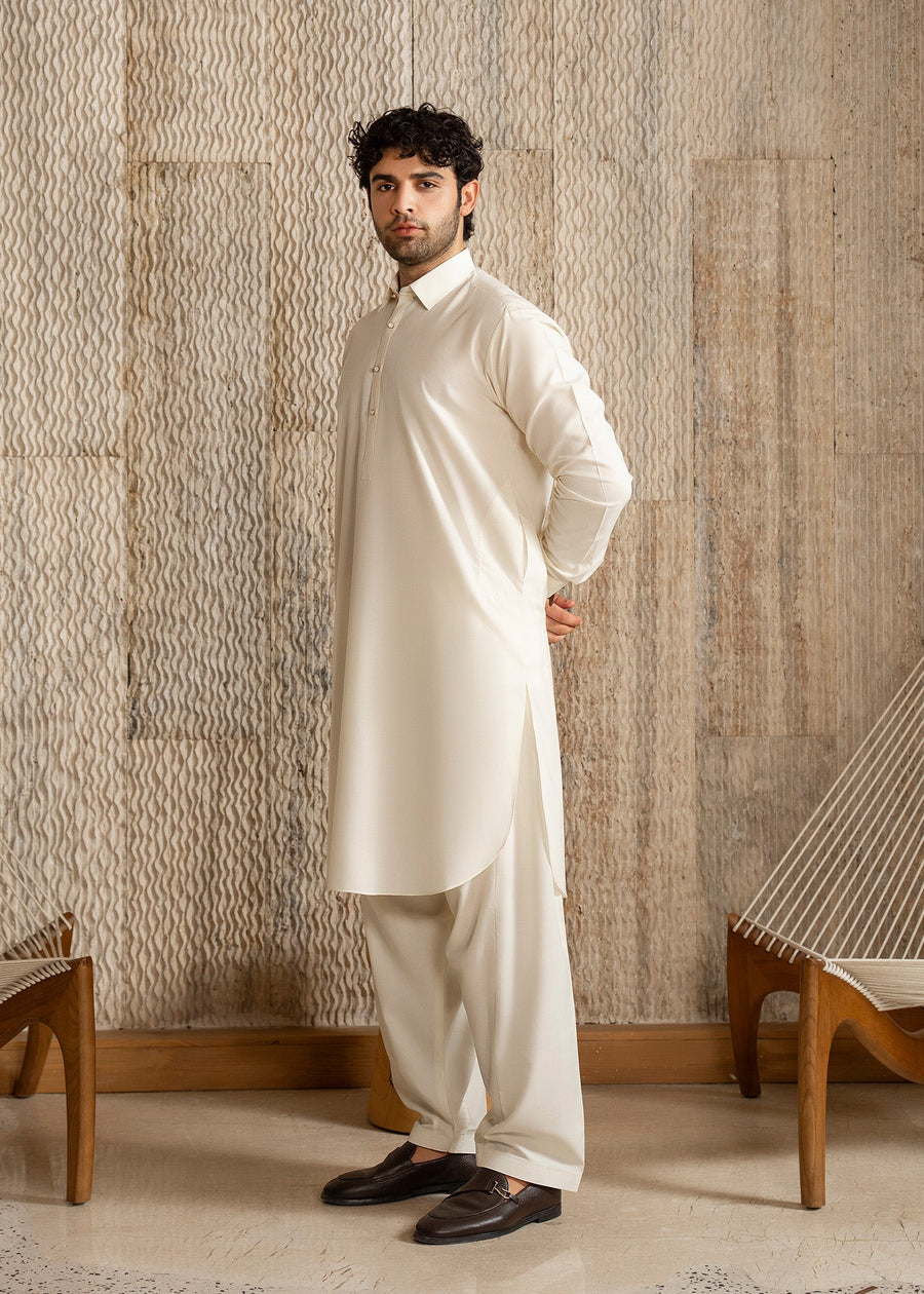 Off White French Collar Kameez Shalwar - Men
