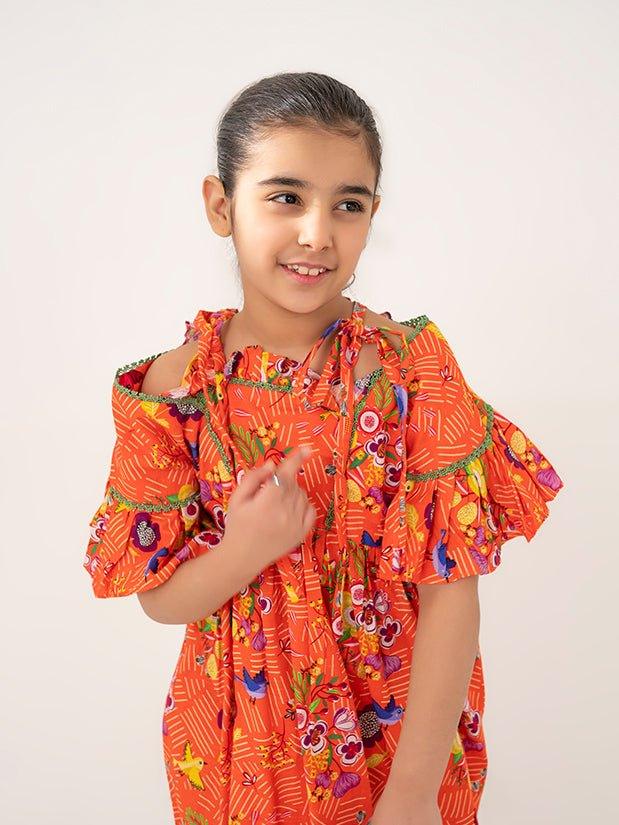 GIRLS ORANGE KHADDAR FROCK & TROUSER