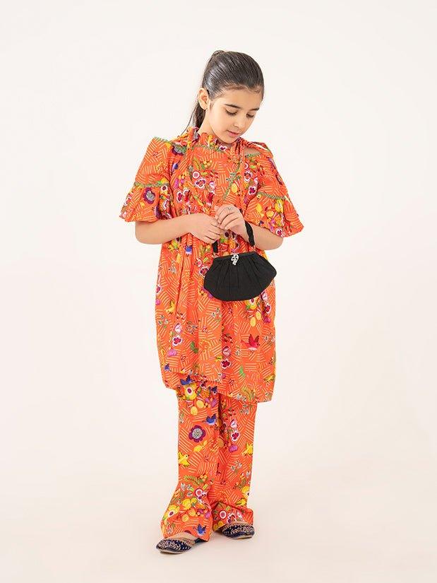 GIRLS ORANGE KHADDAR FROCK & TROUSER