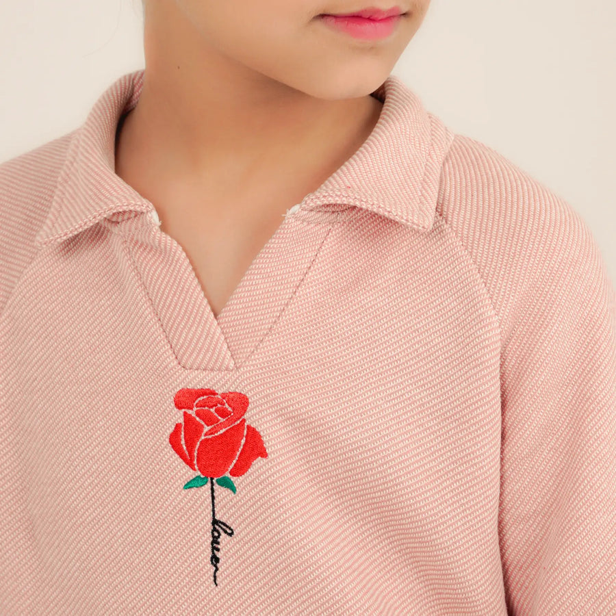Rose Emb Johnny Collar Polo - Pink Texture