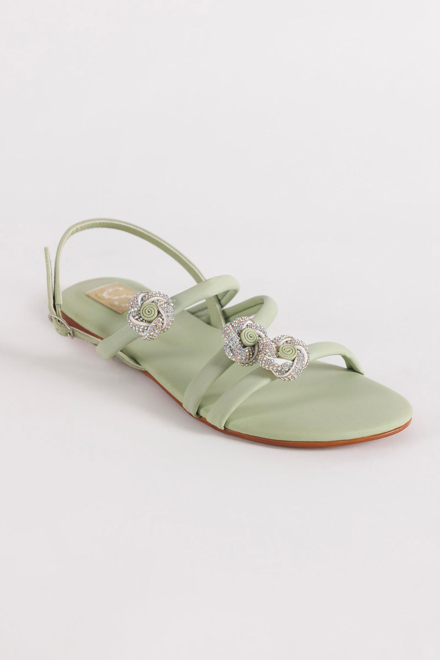 Sage Green Crystal Strap Flats