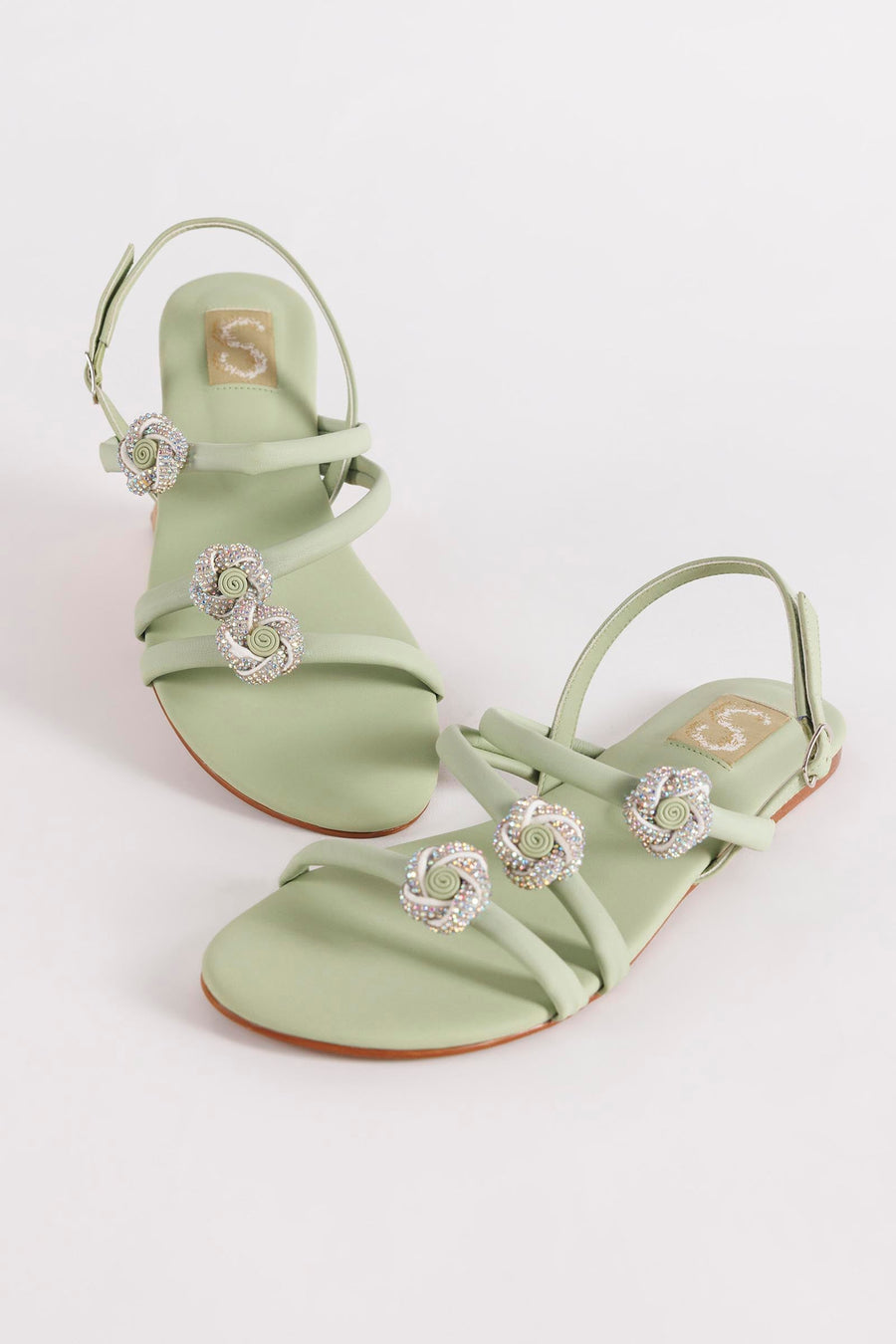 Sage Green Crystal Strap Flats