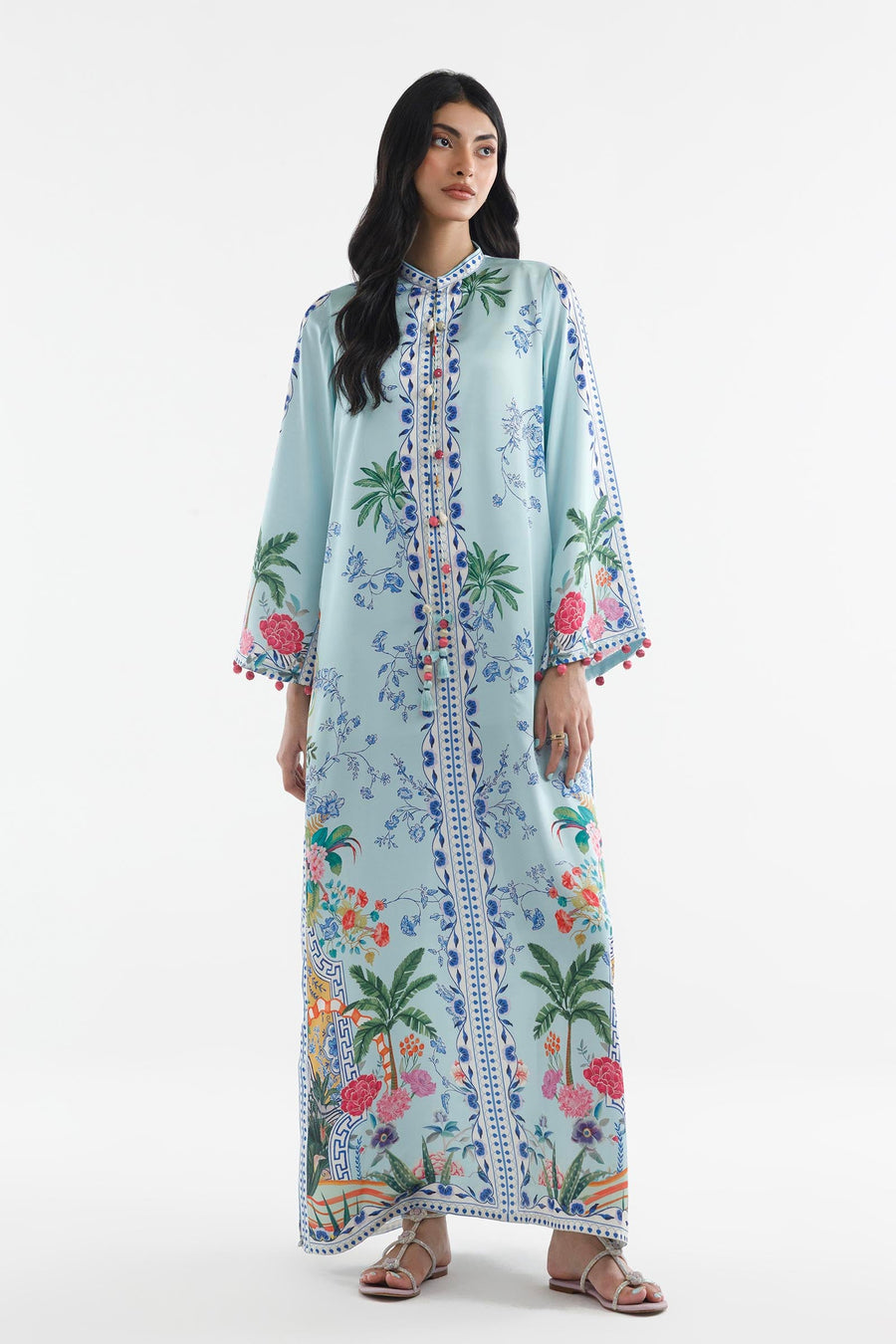 Stitched Printed Satin Kaftan
