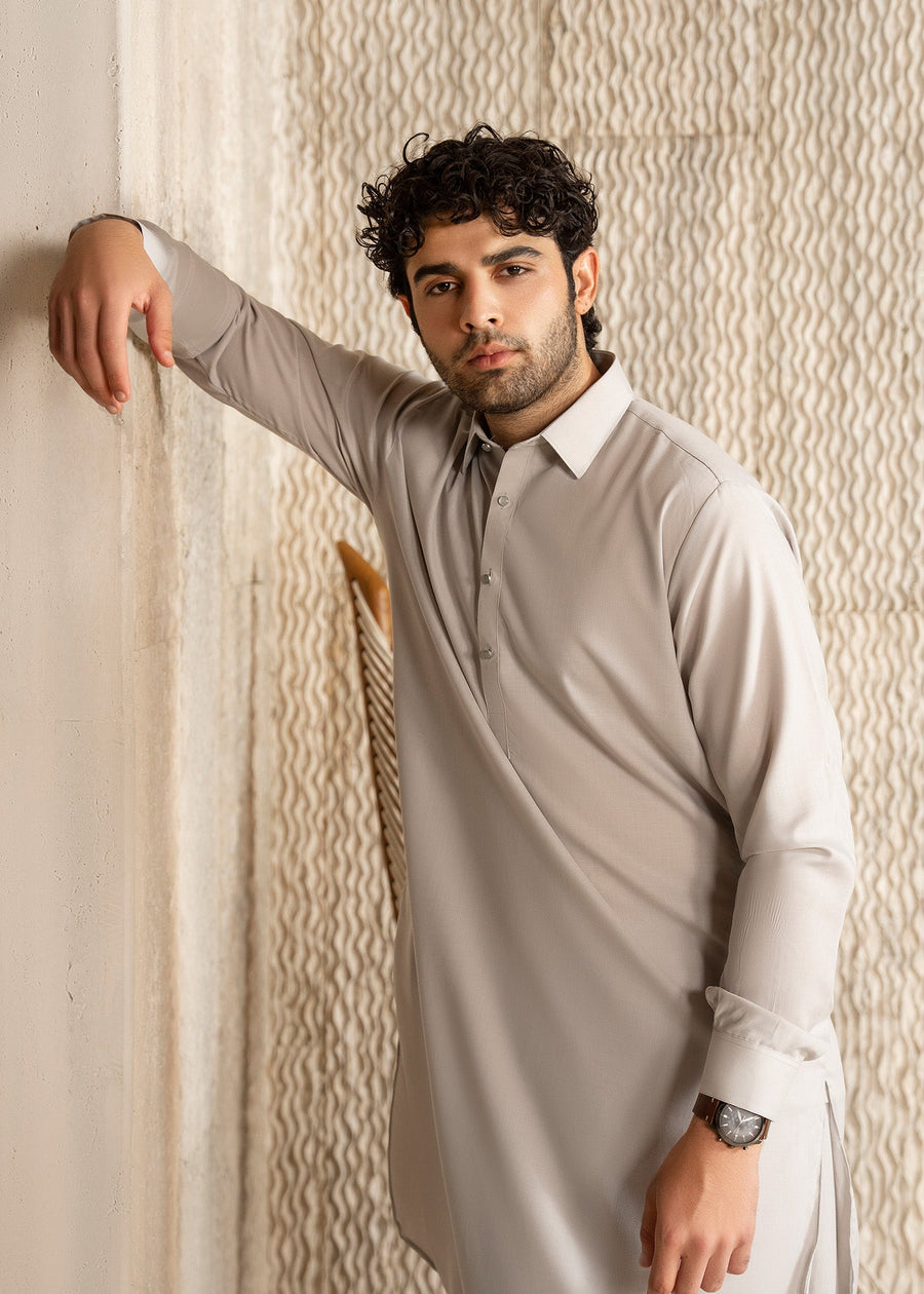Steal Grey French Collar Kameez Shalwar - Men