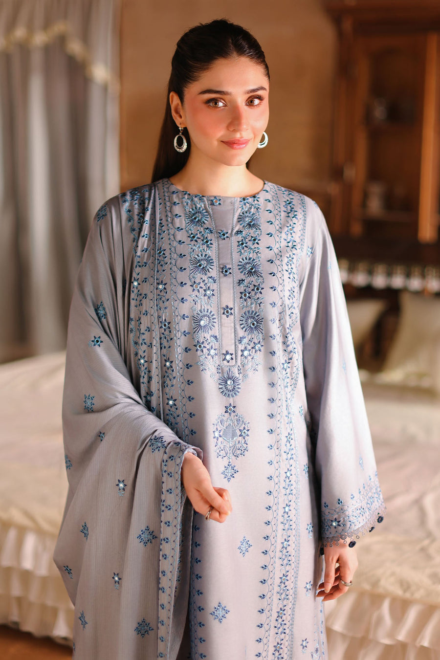 CHARCOAL ASH-3PC SATIN EMBROIDERED SUIT