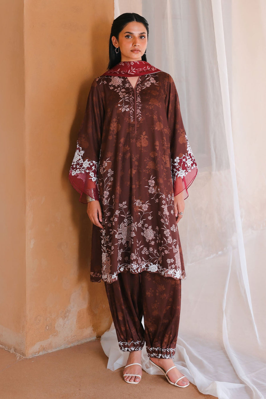 SEPIA BLOOM-3PC SATIN PRINTED SUIT
