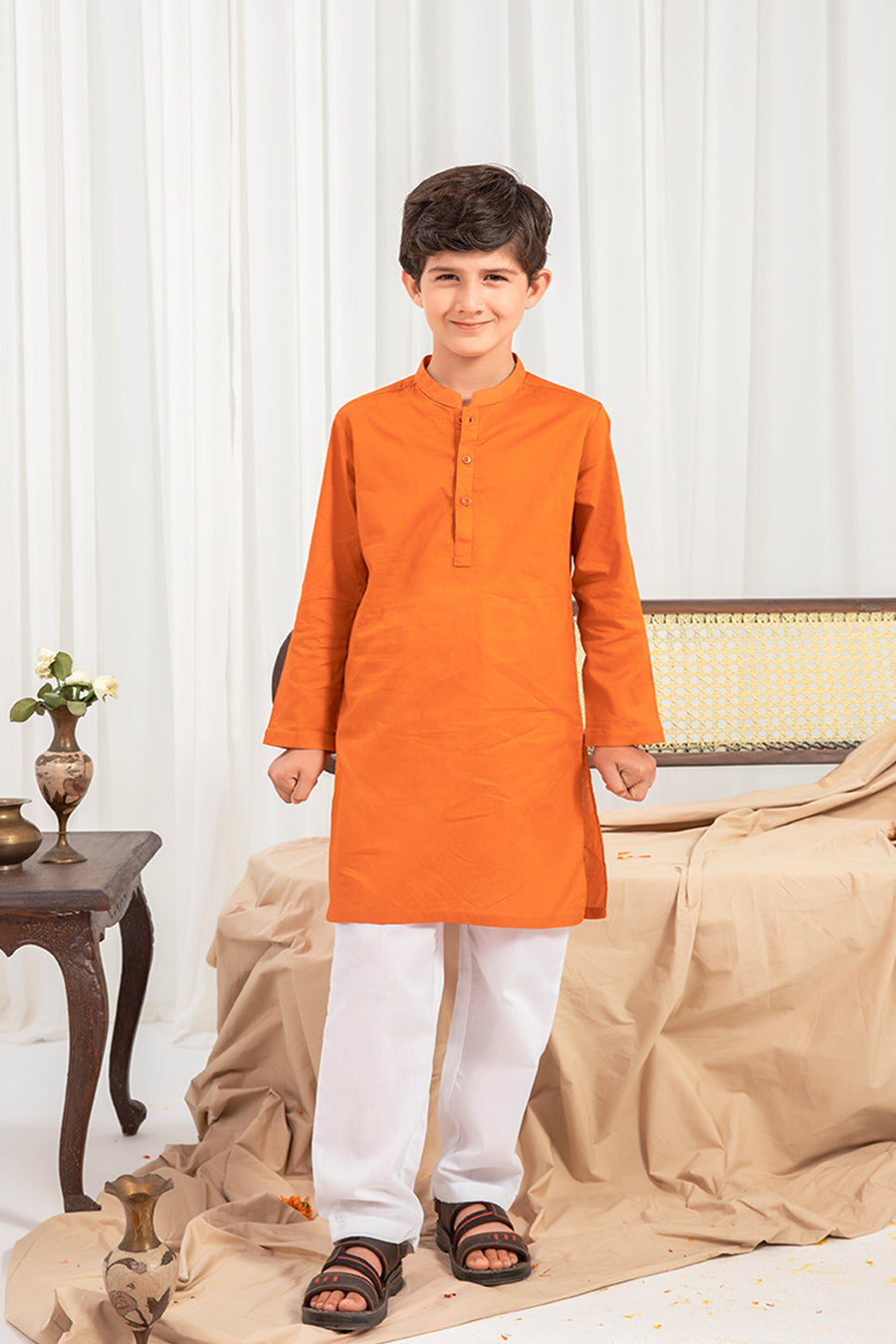 Orange Jacquard Cotton Kurta
