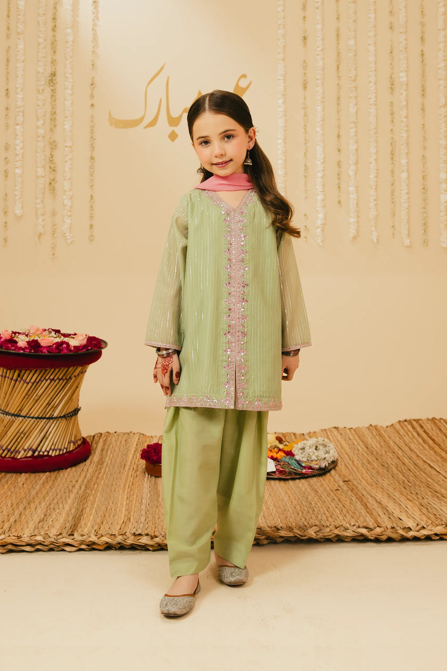 Pistachio Elegence Silk Festive Suit - 3pc