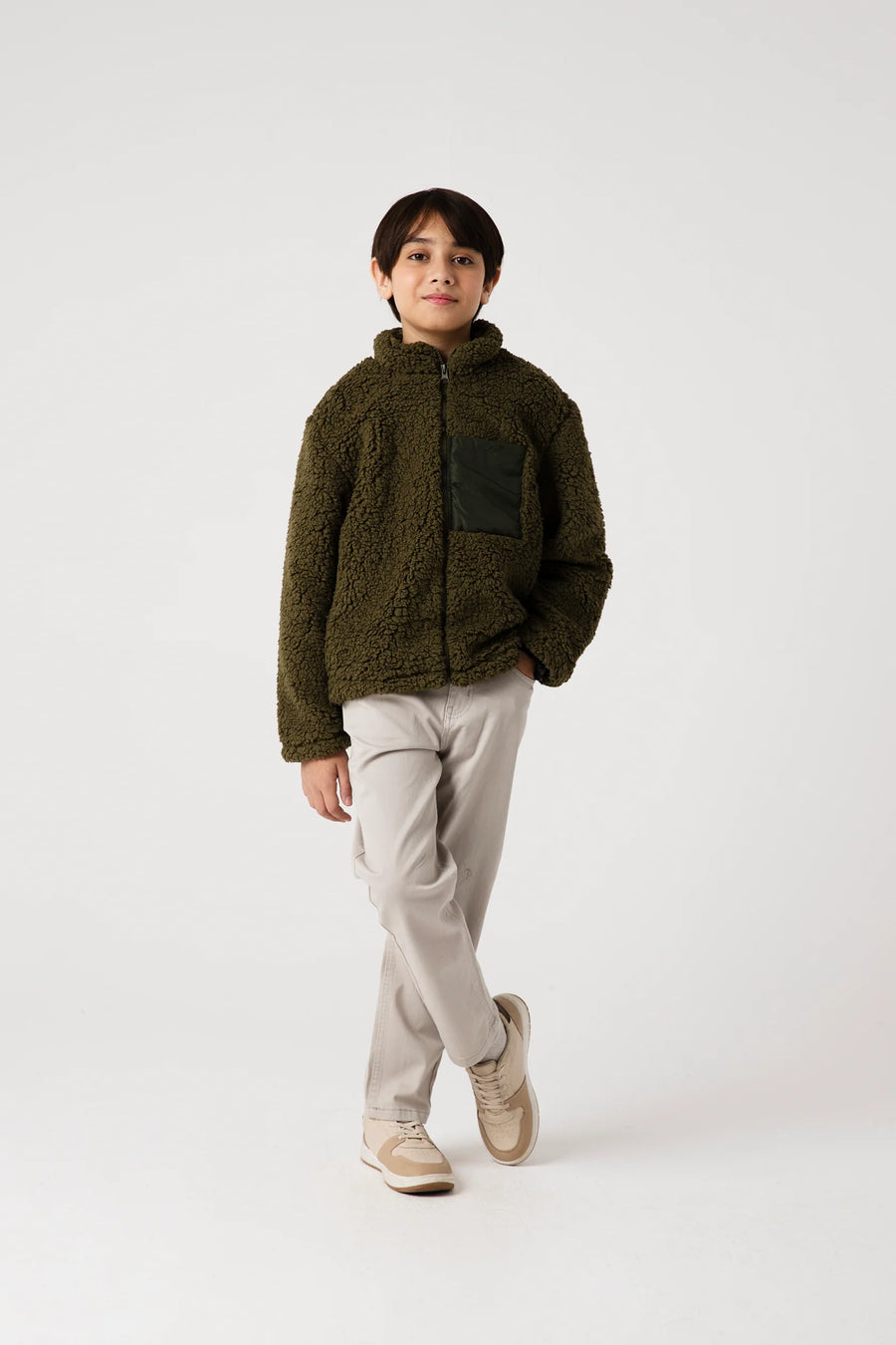 Boys Olive Sherpa Fleece Jacket