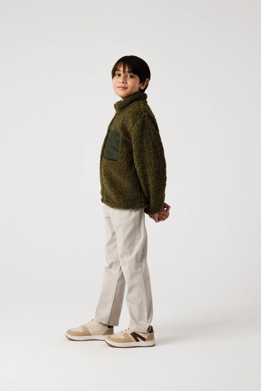 Boys Olive Sherpa Fleece Jacket