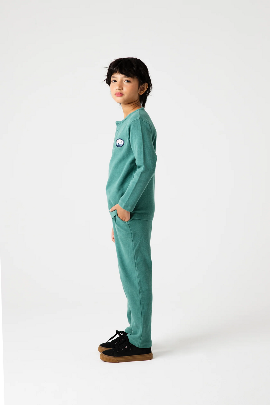 Boys Green Henley Waffle Co-ord Set